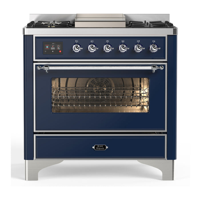 ILVE 36 Inch Majestic III Midnight Blue Dual Fuel Range with 6 Black Brass Burners, Griddle and Dual Function Burner up to 25,000 BTU in Triple Glass Door Chrome