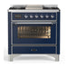 ILVE 36 Inch Majestic III Midnight Blue Dual Fuel Range with 6 Black Brass Burners, Griddle and Dual Function Burner up to 25,000 BTU in Triple Glass Door Chrome