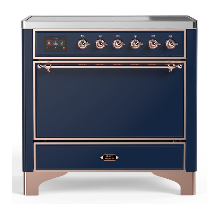 ILVE 36 Inch Majestic III Midnight Blue Induction with 6 Elements and 3.5 Cu. Ft. Oven Capacity in Solid Door Copper