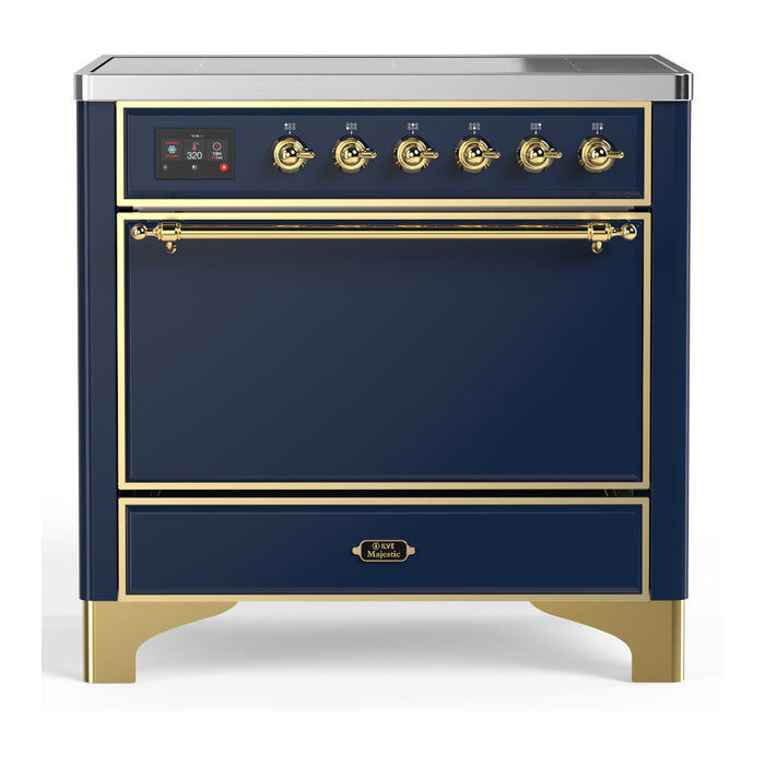 ILVE 36 Inch Majestic III Midnight Blue Induction with 6 Elements and 3.5 Cu. Ft. Oven Capacity in Solid Door Brass