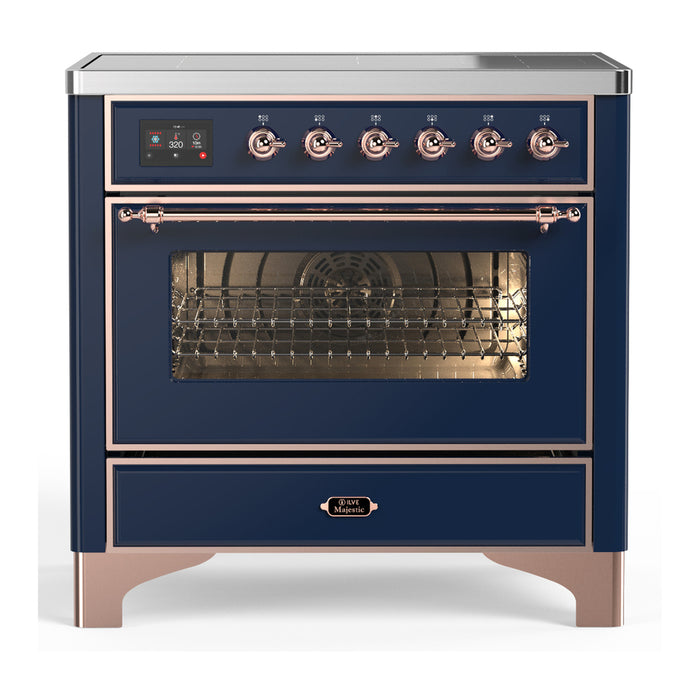 ILVE 36 Inch Majestic III Midnight Blue Induction with 6 Elements and 3.5 Cu. Ft. Oven Capacity in Triple Glass Door Copper