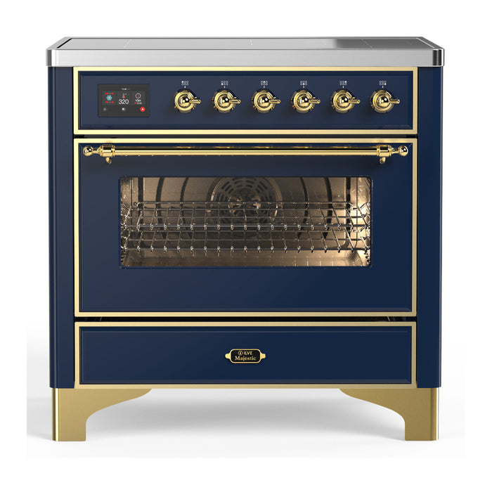 ILVE 36 Inch Majestic III Midnight Blue Induction with 6 Elements and 3.5 Cu. Ft. Oven Capacity in Triple Glass Door Brass