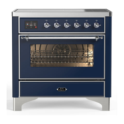 ILVE 36 Inch Majestic III Midnight Blue Induction with 6 Elements and 3.5 Cu. Ft. Oven Capacity in Triple Glass Door Chrome