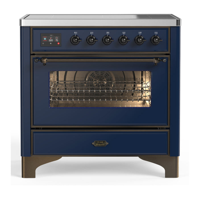 ILVE 36 Inch Majestic III Midnight Blue Induction with 6 Elements and 3.5 Cu. Ft. Oven Capacity in Triple Glass Door Burnished