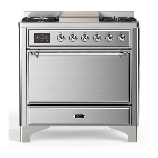 ILVE 36 Inch Majestic III Stainless Steel Dual Fuel Range with 6 Black Brass Burners, Griddle and Dual Function Burner up to 25,000 BTU in Solid Door Chrome
