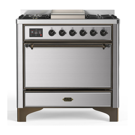 ILVE 36 Inch Majestic III Stainless Steel Dual Fuel Range with 6 Black Brass Burners, Griddle and Dual Function Burner up to 25,000 BTU in Solid Door Burnished