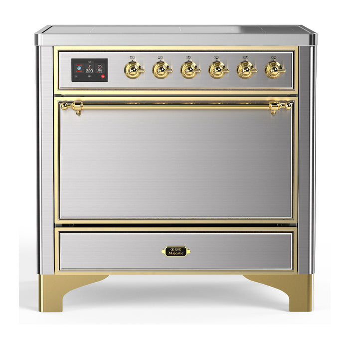 ILVE 36 Inch Majestic III Stainless Steel Induction with 6 Elements and 3.5 Cu. Ft. Oven Capacity in Solid Door Brass