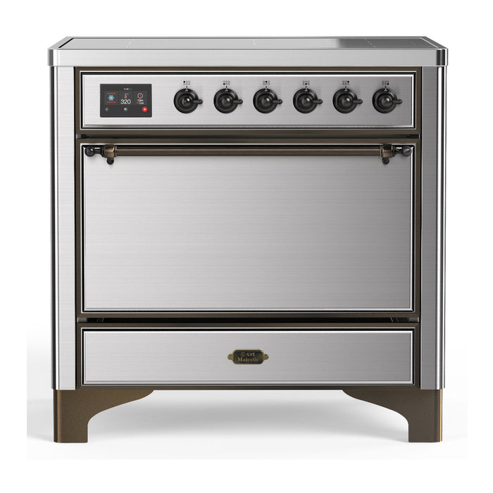 ILVE 36 Inch Majestic III Stainless Steel Induction with 6 Elements and 3.5 Cu. Ft. Oven Capacity in Solid Door Burnished Chrome