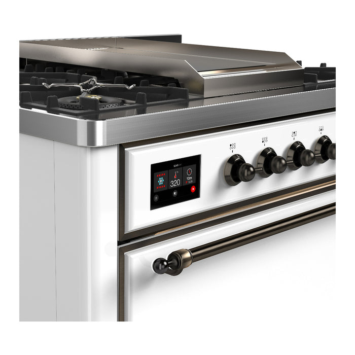 ILVE 36 Inch Majestic III White Dual Fuel Range with 6 Black Brass Burners, Griddle and Dual Function Burner up to 25,000 BTU in Solid Door Side