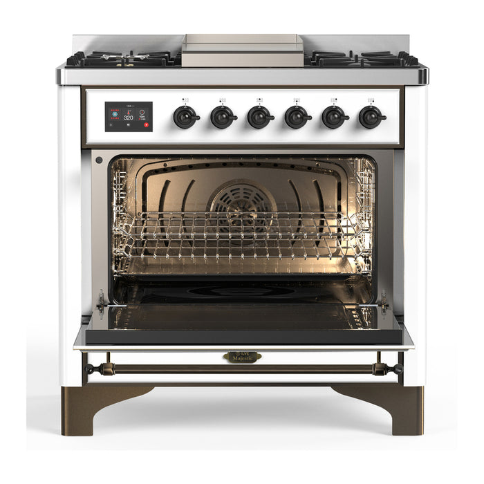 ILVE 36 Inch Majestic III White Dual Fuel Range with 6 Black Brass Burners, Griddle and Dual Function Burner up to 25,000 BTU in Solid Door Open