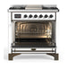 ILVE 36 Inch Majestic III White Dual Fuel Range with 6 Black Brass Burners, Griddle and Dual Function Burner up to 25,000 BTU in Solid Door Open