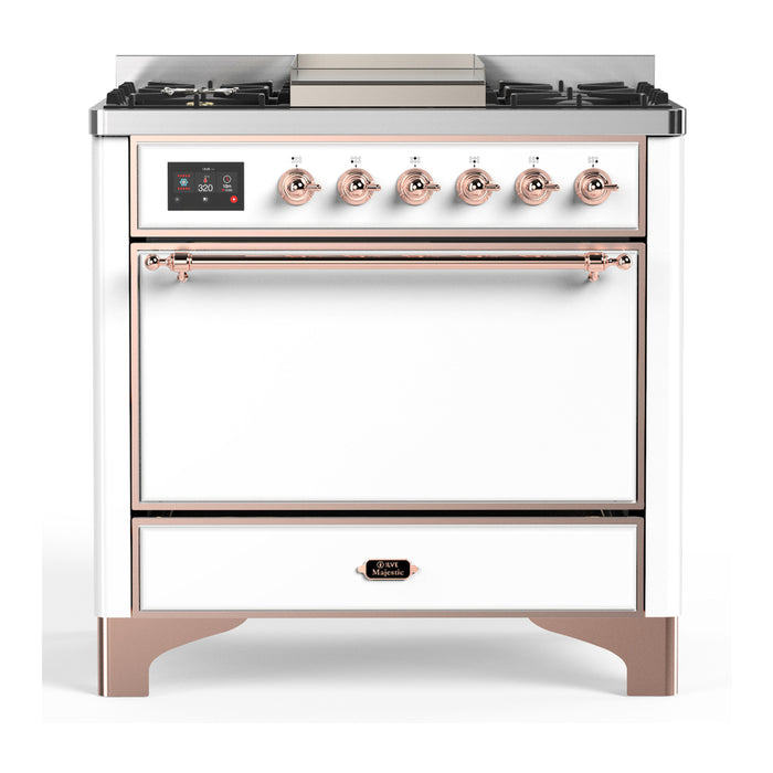 ILVE 36 Inch Majestic III White Dual Fuel Range with 6 Black Brass Burners, Griddle and Dual Function Burner up to 25,000 BTU in Solid Door Copper