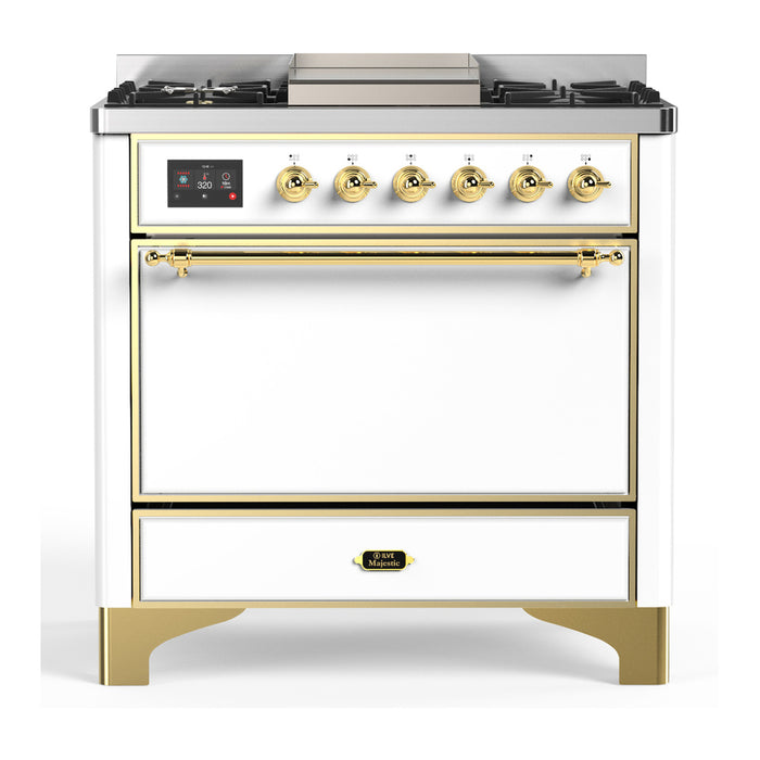 ILVE 36 Inch Majestic III White Dual Fuel Range with 6 Black Brass Burners, Griddle and Dual Function Burner up to 25,000 BTU in Solid Door Brass