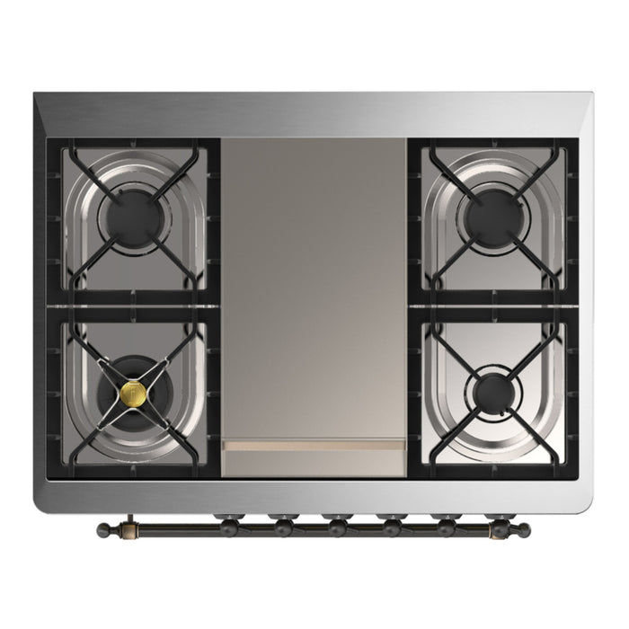 ILVE 36 Inch Majestic III White Dual Fuel Range with 6 Black Brass Burners, Griddle and Dual Function Burner up to 25,000 BTU in Solid Door Cooktop