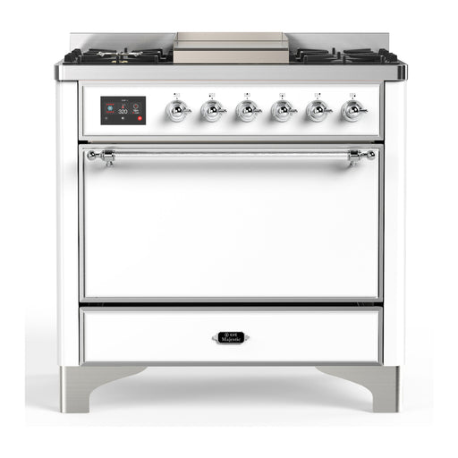 ILVE 36 Inch Majestic III White Dual Fuel Range with 6 Black Brass Burners, Griddle and Dual Function Burner up to 25,000 BTU in Solid Door Chrome