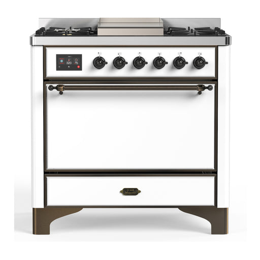 ILVE 36 Inch Majestic III White Dual Fuel Range with 6 Black Brass Burners, Griddle and Dual Function Burner up to 25,000 BTU in Solid Door Bunished