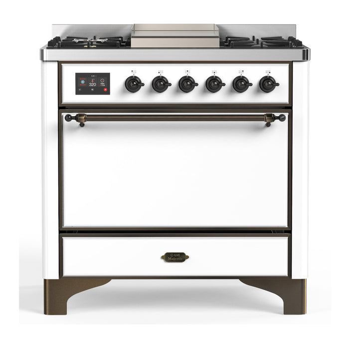 ILVE 36 Inch Majestic III White Dual Fuel Range with 6 Black Brass Burners, Griddle and Dual Function Burner up to 25,000 BTU in Solid Door Bunished