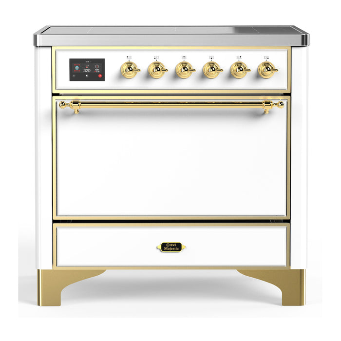 ILVE 36 Inch Majestic III White Induction with 6 Elements and 3.5 Cu. Ft. Oven Capacity in Solid Door Brass