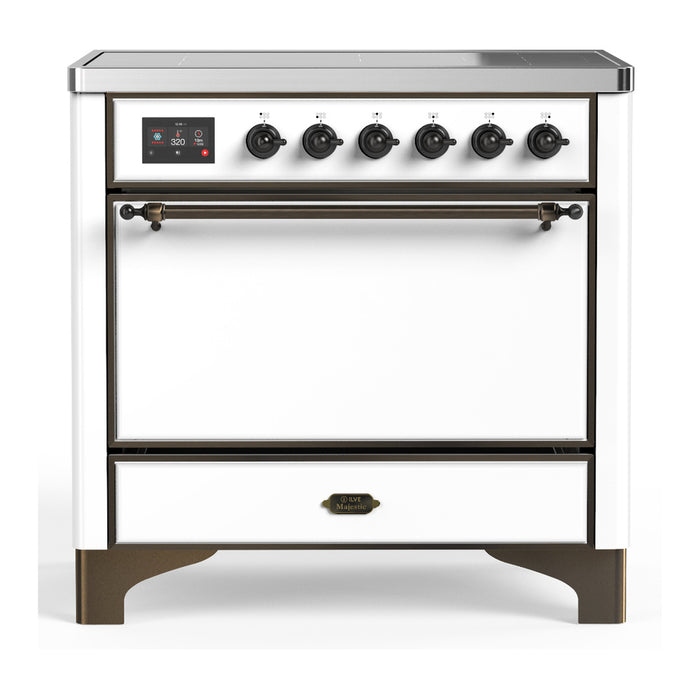 ILVE 36 Inch Majestic III White Induction with 6 Elements and 3.5 Cu. Ft. Oven Capacity in Solid Door Burnished
