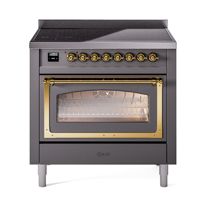 ILVE 36 Inch Nostalgie II Noblesse Freestanding Induction Range with 5 Elements, Griddle with Brass Trim Graphite Matte
