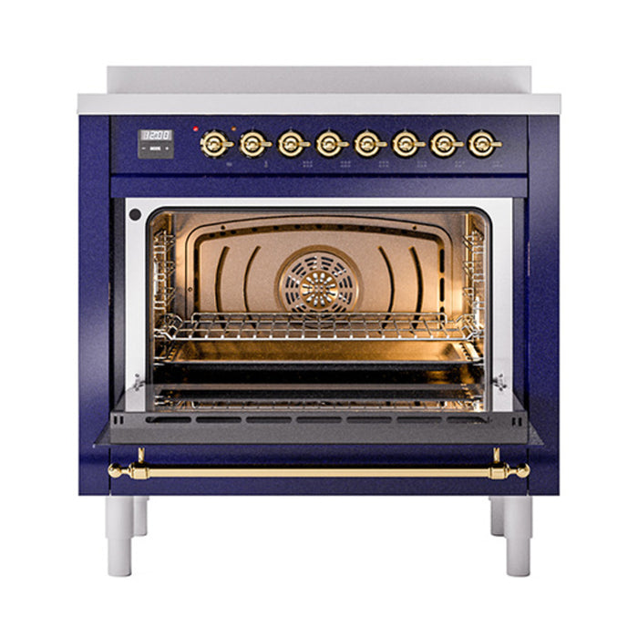 ILVE 36 Inch Nostalgie II Noblesse Freestanding Induction Range with 5 Elements, Griddle with Brass Trim Midnight Blue Open
