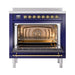 ILVE 36 Inch Nostalgie II Noblesse Freestanding Induction Range with 5 Elements, Griddle with Brass Trim Midnight Blue Open
