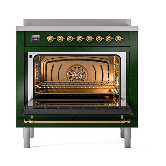 ILVE 36 Inch Nostalgie II Noblesse Freestanding Induction Range with 5 Elements, Griddle with Brass Trim Emerald Green Open

