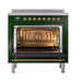 ILVE 36 Inch Nostalgie II Noblesse Freestanding Induction Range with 5 Elements, Griddle with Brass Trim Emerald Green Open
