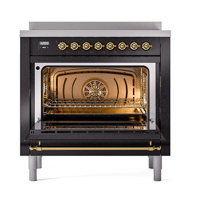 ILVE 36 Inch Nostalgie II Noblesse Freestanding Induction Range with 5 Elements, Griddle with Brass Trim Glossy Black Open
