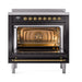 ILVE 36 Inch Nostalgie II Noblesse Freestanding Induction Range with 5 Elements, Griddle with Brass Trim Glossy Black Open
