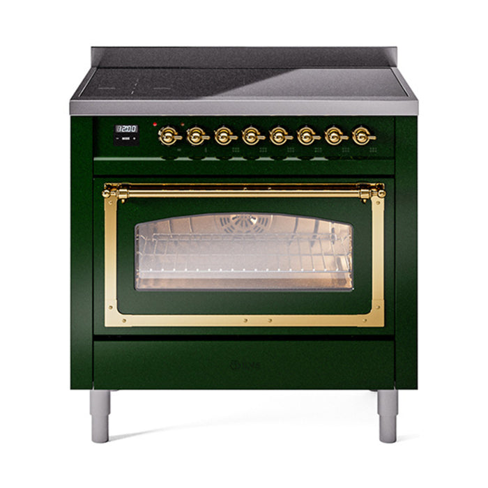 ILVE 36 Inch Nostalgie II Noblesse Freestanding Induction Range with 5 Elements, Griddle with Brass Trim Emerald Green

