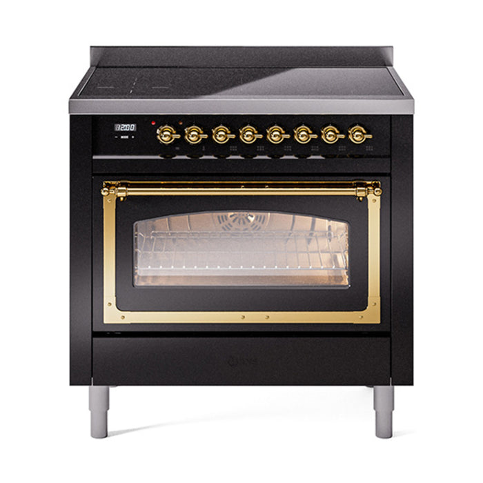 ILVE 36 Inch Nostalgie II Noblesse Freestanding Induction Range with 5 Elements, Griddle with Brass Trim Glossy Black
