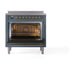 ILVE 36 Inch Nostalgie II Noblesse Freestanding Induction Range with 5 Elements , Griddle with Brass Trim Blue Grey Open
