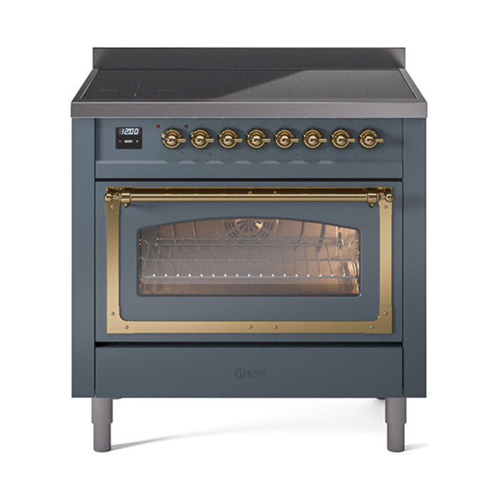 ILVE 36 Inch Nostalgie II Noblesse Freestanding Induction Range with 5 Elements Griddle with Brass Trim Blue Grey
