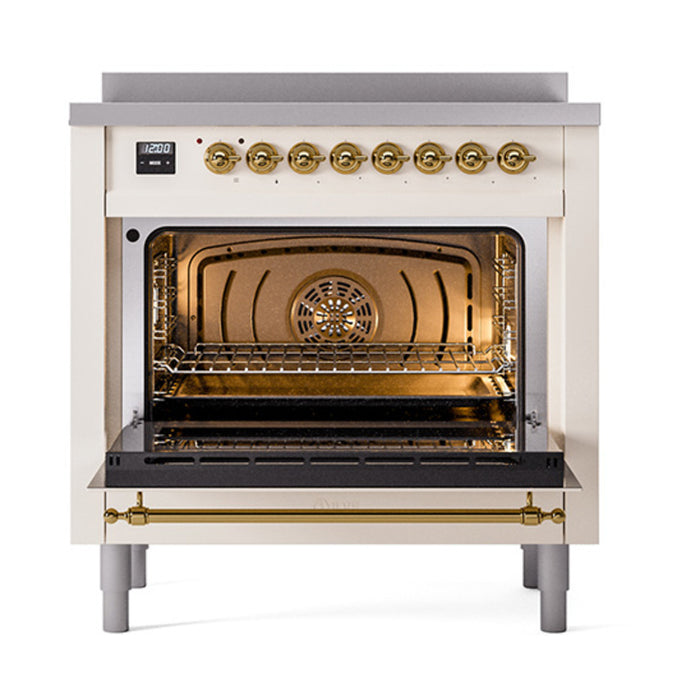 ILVE 36 Inch Nostalgie II Noblesse Freestanding Induction Range with 5 Elements, Griddle with Brass Trim Open
