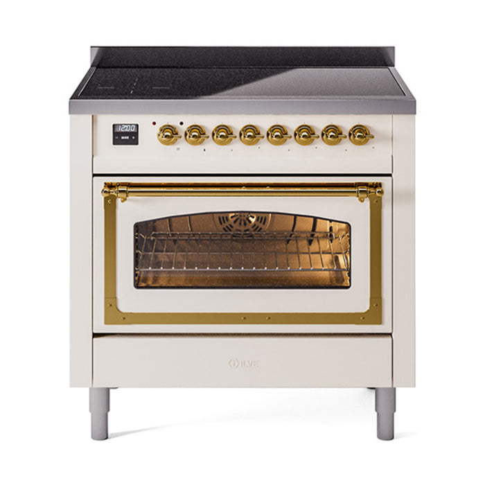 ILVE 36 Inch Nostalgie II Noblesse Freestanding Induction Range with 5 Elements, Griddle with Brass Trim Antique White
