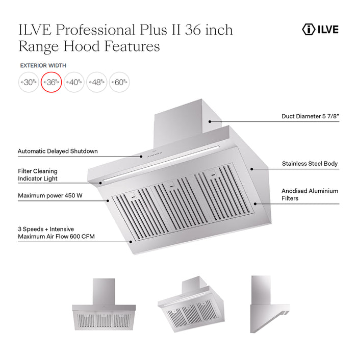 ILVE 36 Inch Professional Plus 600 CFM Wall Mount Range Hood Features