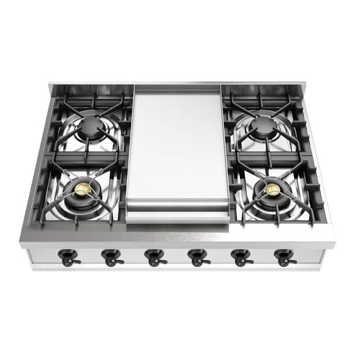 ILVE 36 Inch UHCP36FNSSBLP Nostalgie II Built-In Stainless Steel Liquid Propane Rangetop with 6 Burners and Griddle in Burnished Trim Front