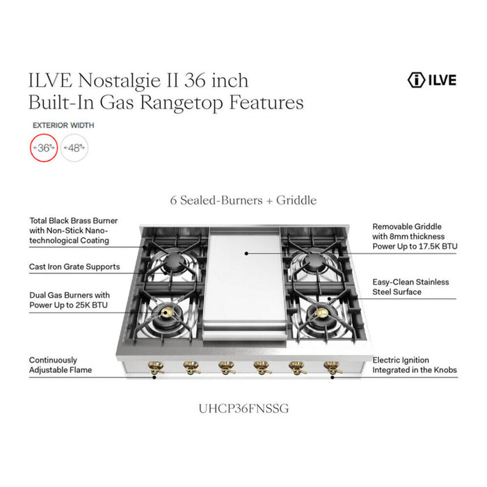 ILVE 36 Inch UHCP36FNSSCLP Nostalgie II Built-In Stainless Steel Liquid Propane Rangetop with 6 Burners and Griddle in Chrome Trim Features
