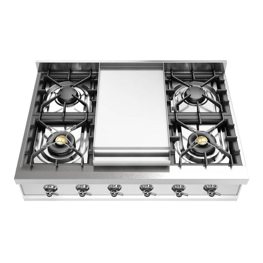 ILVE 36 Inch UHCP36FNSSCLP Nostalgie II Built-In Stainless Steel Liquid Propane Rangetop with 6 Burners and Griddle in Chrome Trim Front