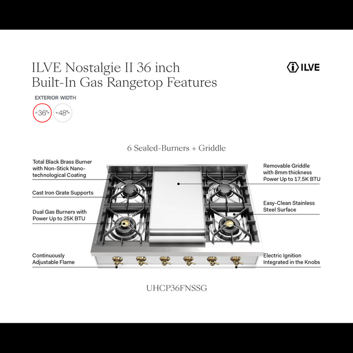 ILVE 36 Inch UHCP36FNSSG Nostalgie II Built-In Stainless Steel Natural Gas Rangetop with 6 Burners and Griddle in Brass Trim Features