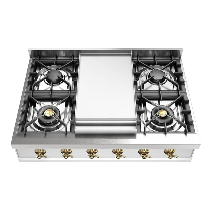 ILVE 36 Inch UHCP36FNSSG Nostalgie II Built-In Stainless Steel Natural Gas Rangetop with 6 Burners and Griddle in Brass Trim Front