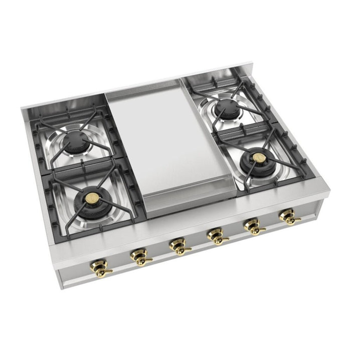 ILVE 36 Inch UHCP36FNSSG Nostalgie II Built-In Stainless Steel Natural Gas Rangetop with 6 Burners and Griddle in Brass Trim Main