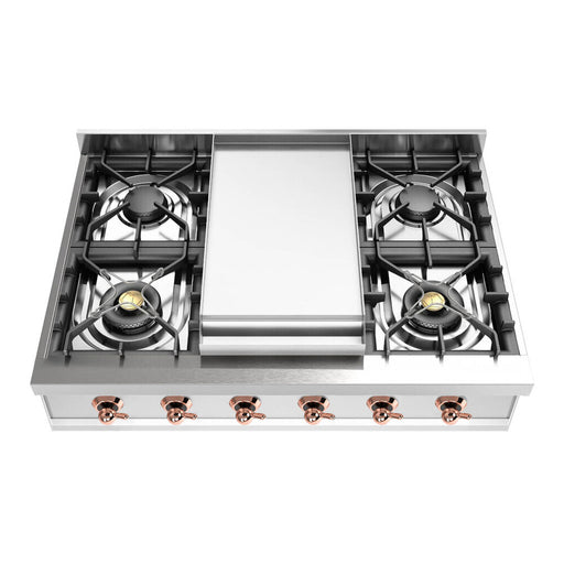 ILVE 36 Inch UHCP36FNSSPLP Nostalgie II Built-In Stainless Steel Liquid Propane Rangetop with 6 Burners and Griddle in Copper TrimFront