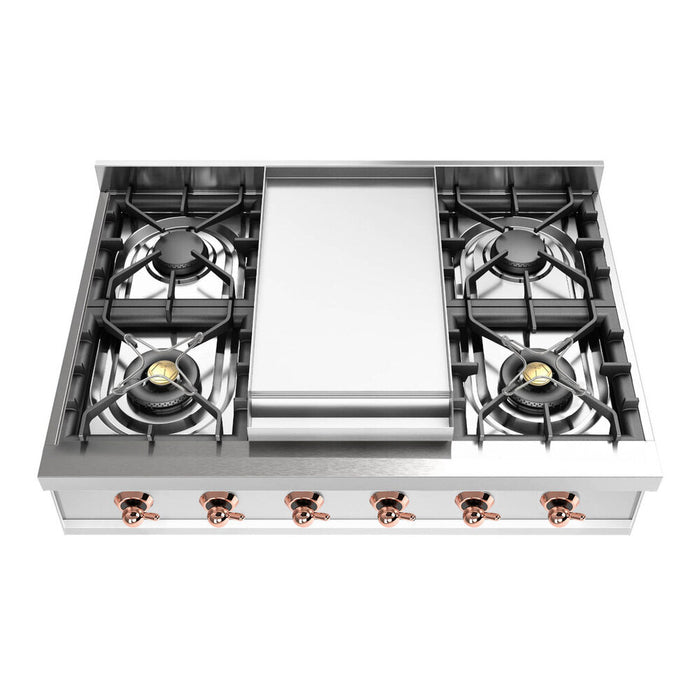 ILVE 36 Inch UHCP36FNSSPLP Nostalgie II Built-In Stainless Steel Liquid Propane Rangetop with 6 Burners and Griddle in Copper TrimFront