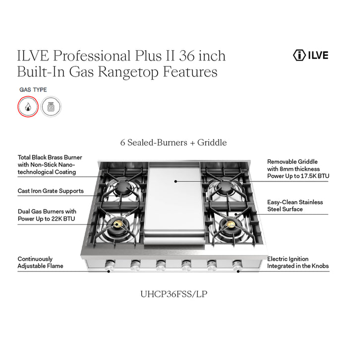 ILVE 36 Inch UHCP36FSSLP Professional Plus II Built-In Stainless Steel Liquid Propane Rangetop with 6 Burners and Griddle Features