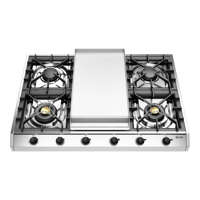 ILVE 36 Inch UHCP965FNSSBLP Nostalgie II Built-In Stainless Steel Liquid Propane Cooktop with 6 Sealed Burners and Griddle in Burnished Trim Front