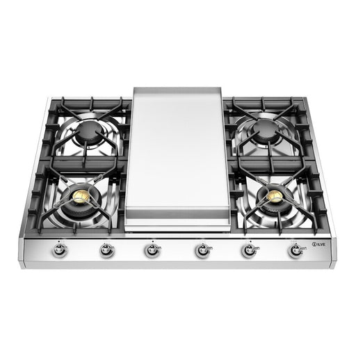 ILVE 36 Inch UHCP965FNSSCLP Nostalgie II Built-In Stainless Steel Liquid Propane Cooktop with 6 Sealed Burners and Griddle in Chrome Trim Front