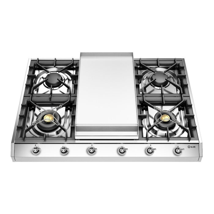 ILVE 36 Inch UHCP965FNSSCLP Nostalgie II Built-In Stainless Steel Liquid Propane Cooktop with 6 Sealed Burners and Griddle in Chrome Trim Front
