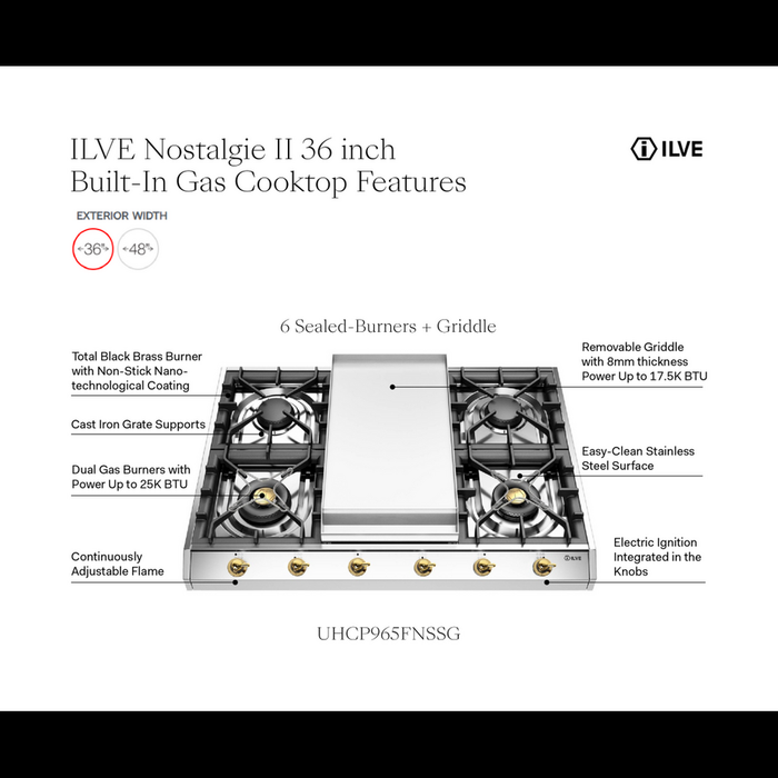 ILVE 36 Inch UHCP965FNSSGLP Nostalgie II Built-In Stainless Steel Liquid Propane Cooktop with 6 Sealed Burners and Griddle in Brass Trim Features